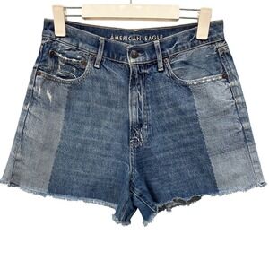 American Eagle Patchwork High Rise Denim Shorts Blue Distressed Cutoff Size 8
